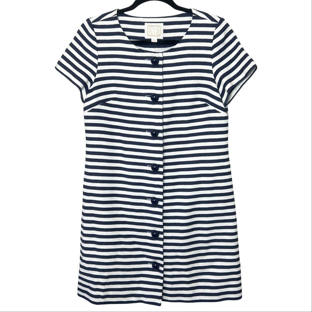 Sail to Sable STS Button Front Striped Shift Dress Blue White Nautical Preppy 8